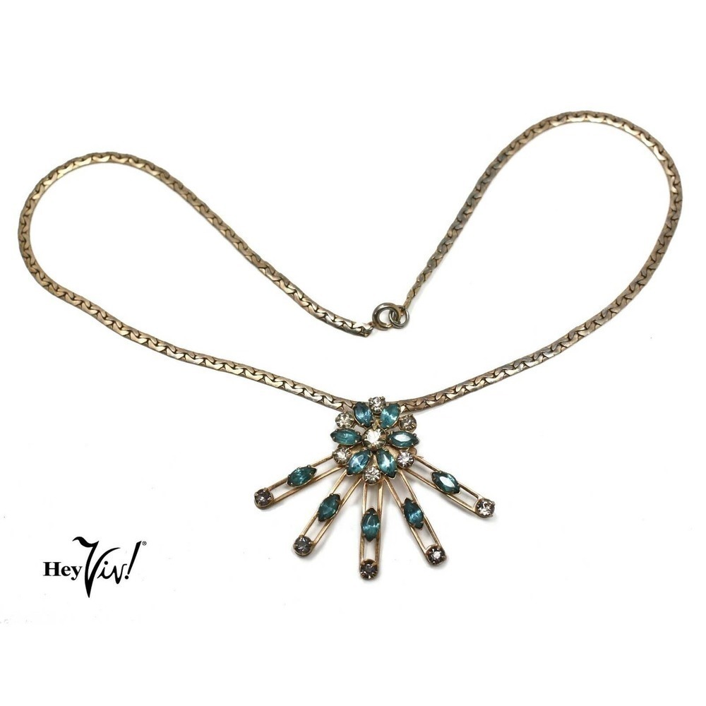Vintage Necklace Pin Set Blue Mid Century Rhinestone Atomic Starburst - Hey Viv